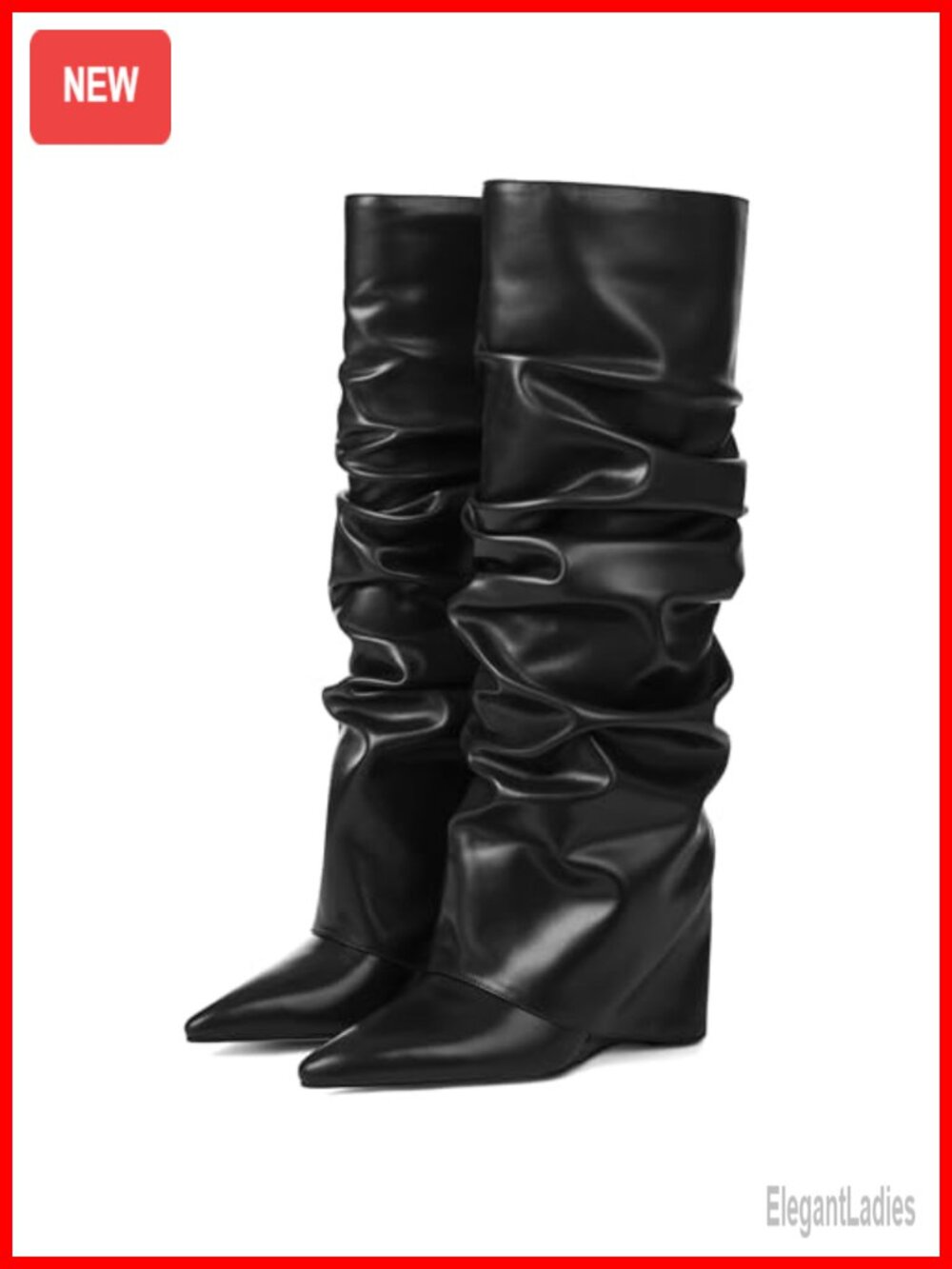 Women's Fold Over Slouch Wide Calf Knee High Boots Pointed Toe Wedge Heel Faux